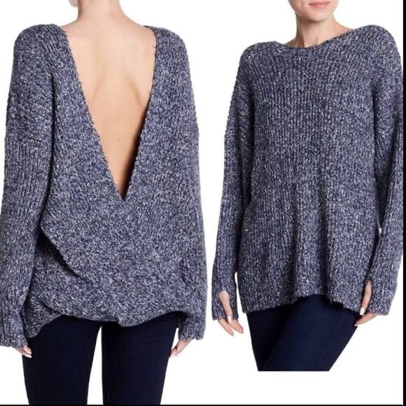 Wildfox Drew Oversize Herringbone Open V Chunky Sweater Blue White Size Small - Picture 2 of 13